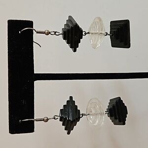 Art Deco Style Black & Clear Acrylic Pierced Earrings